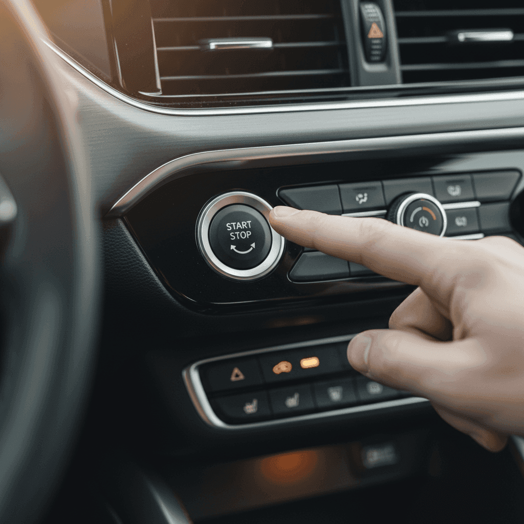 Close-up of a start-stop button with the A-in-a-circle symbol on the centre console of a European car, the driver's finger ready to press it