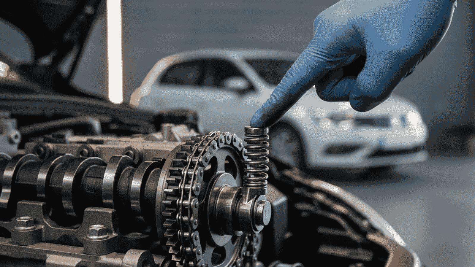 Mechanic in protective gloves pointing at a timing chain tensioner in the engine bay of a diesel car in a workshop setting