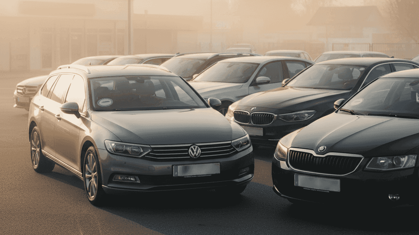Подержанные европейские автомобили на немецкой торговой площадке в утреннем свете, сцена покупки перед отъездом обратно в БиГ
