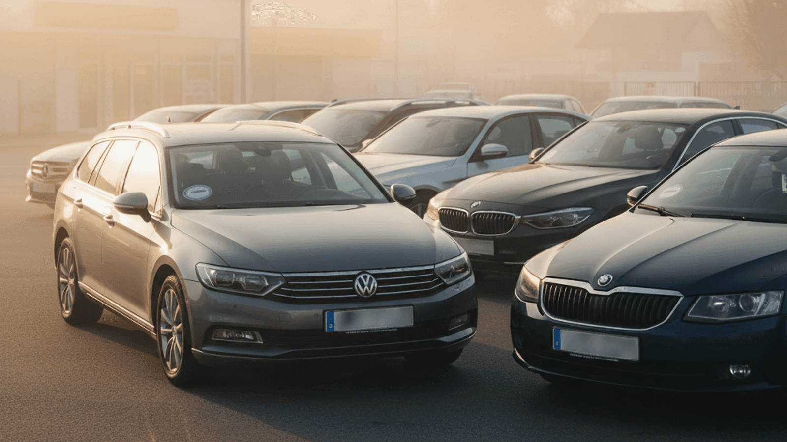 Polovni evropski automobili na njemačkoj parking trgovini u jutarnjem svjetlu, scena kupovine pred polazak nazad za BiH