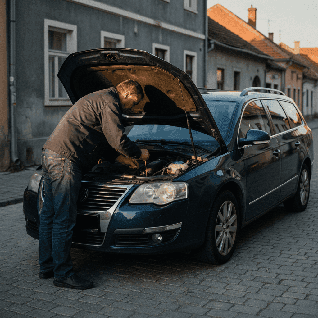Тёмно-синий VW Passat B6 Variant с поднятым капотом на боковой улице, механик в тёмной рабочей куртке осматривает двигатель в тёплом свете