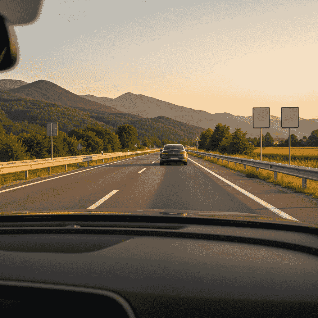 Bosanski put sa saobraćajnim znakovima u sumrak, perspektiva vozača iz automobila na dvotračnom putu u BiH