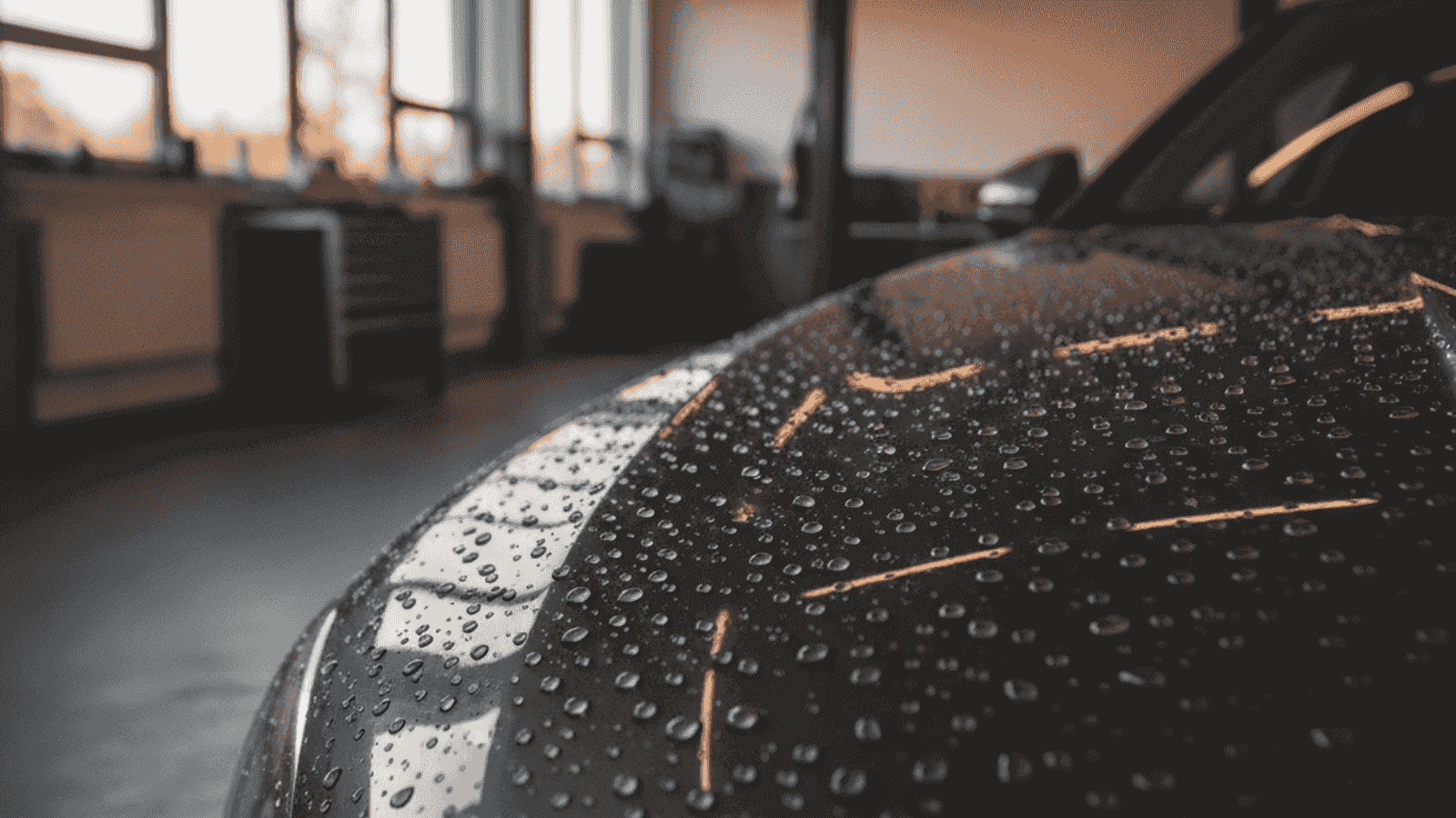 Water droplets beading on dark car paint after ceramic coating application, hydrophobic effect visible under warm workshop lighting