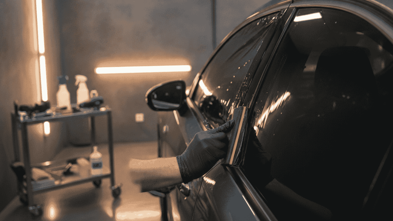 Technician in a workshop applying dark tint film to a car side window using a squeegee under warm workshop lighting