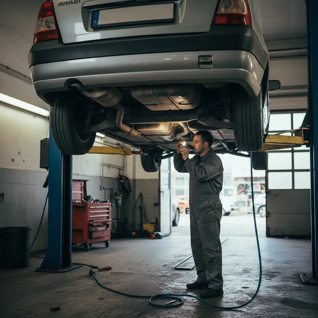 Auto Gas Gaga workshop in Banja Luka, Dacia Logan on a lift, underbody and suspension inspection