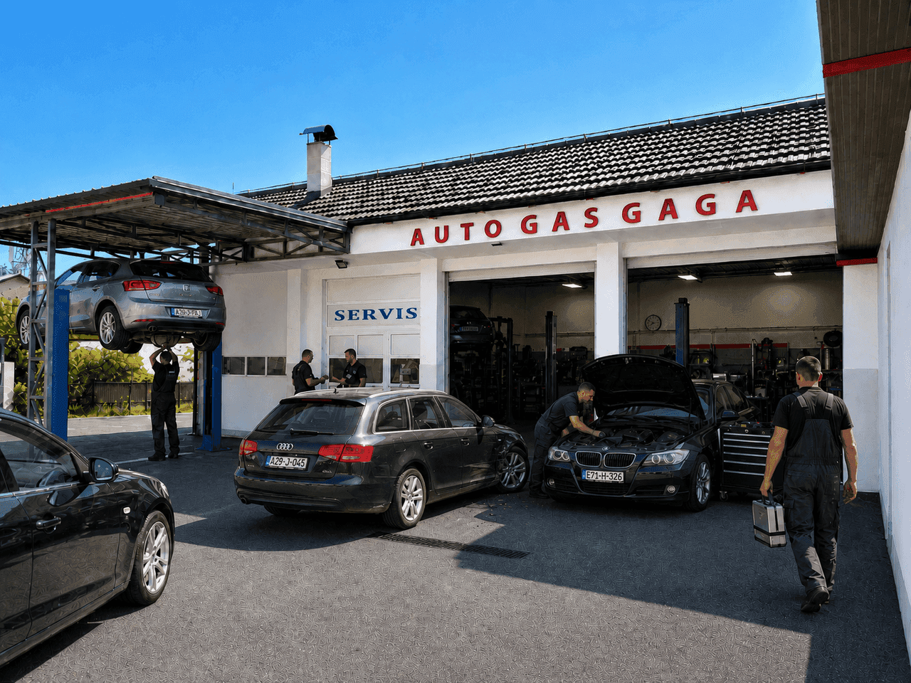 Auto servis Auto Gas Gaga u Banjaluci, vozila u radu na dizalici i u boksevima
