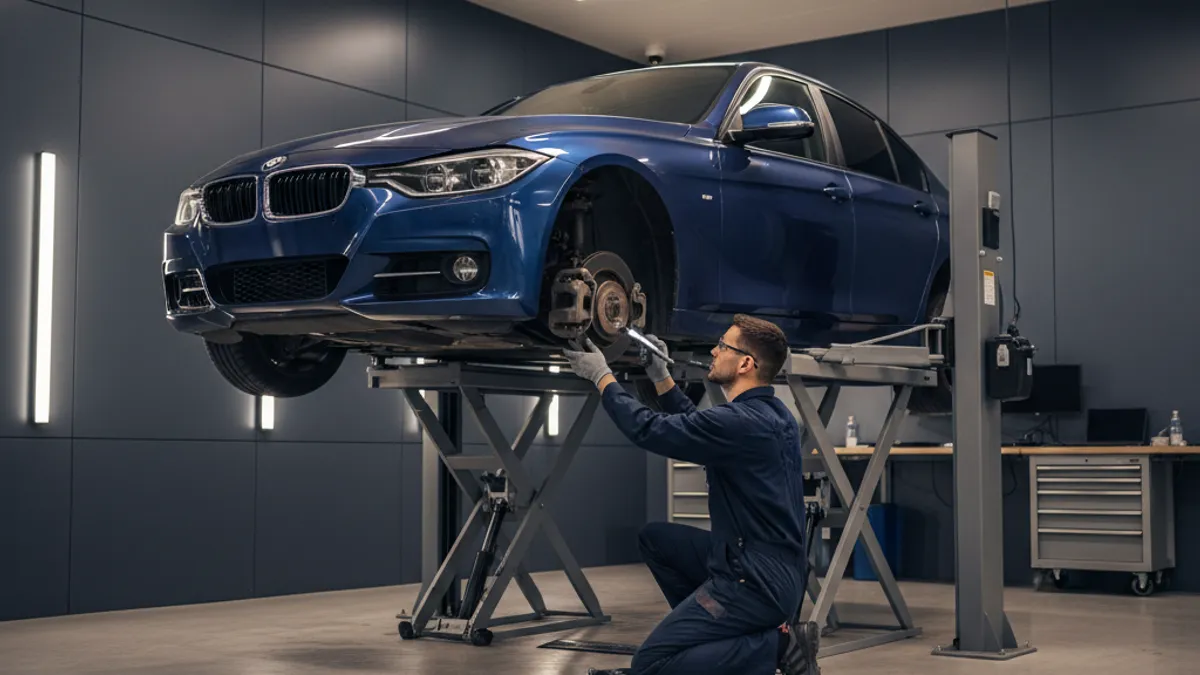 Automobil podignut na hidrauličnoj dizalici u radionici tokom tehničkog pregleda podvozja