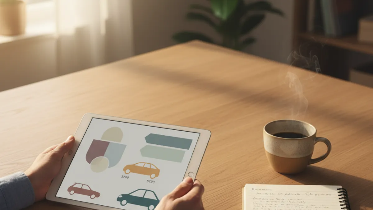 Istraživanje ponude polovnih automobila na tabletu uz bilježnicu i kafu