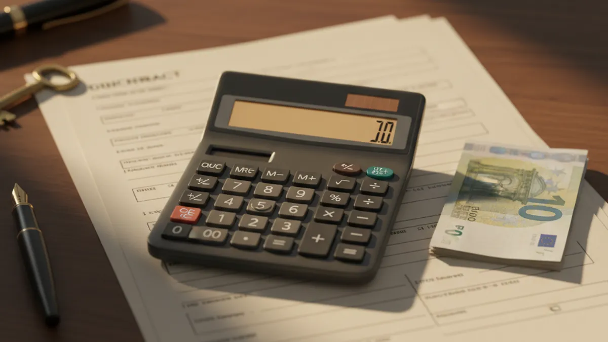 Calculator and sales contract on a desk - showing item-by-item calculation of car import costs.