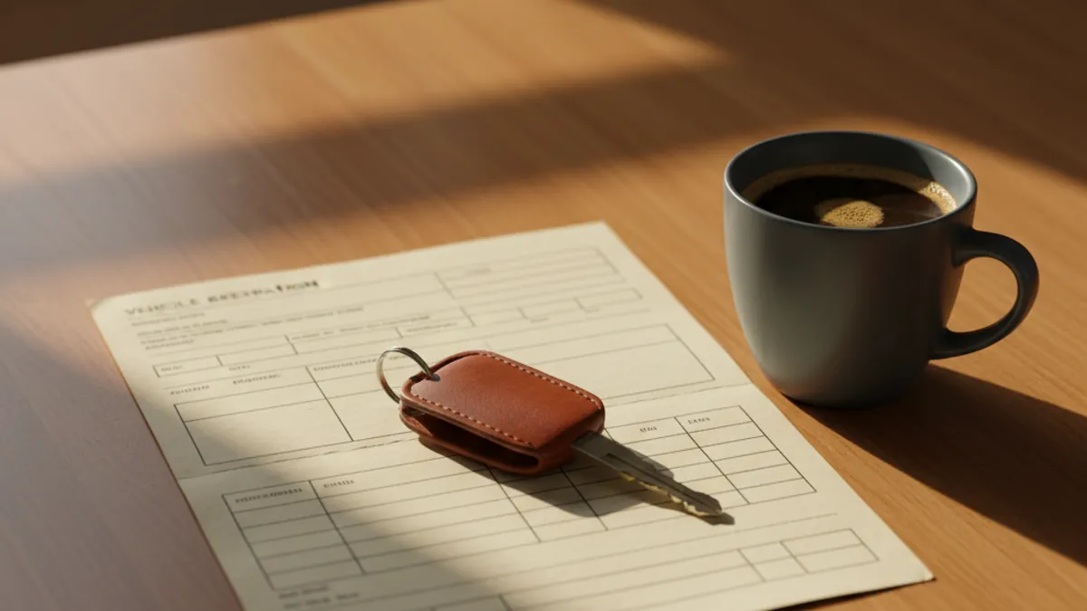 Car key on a leather fob and a folded registration document on a wooden desk - symbolising the completion of the homologation and pick-up process for an imported vehicle.