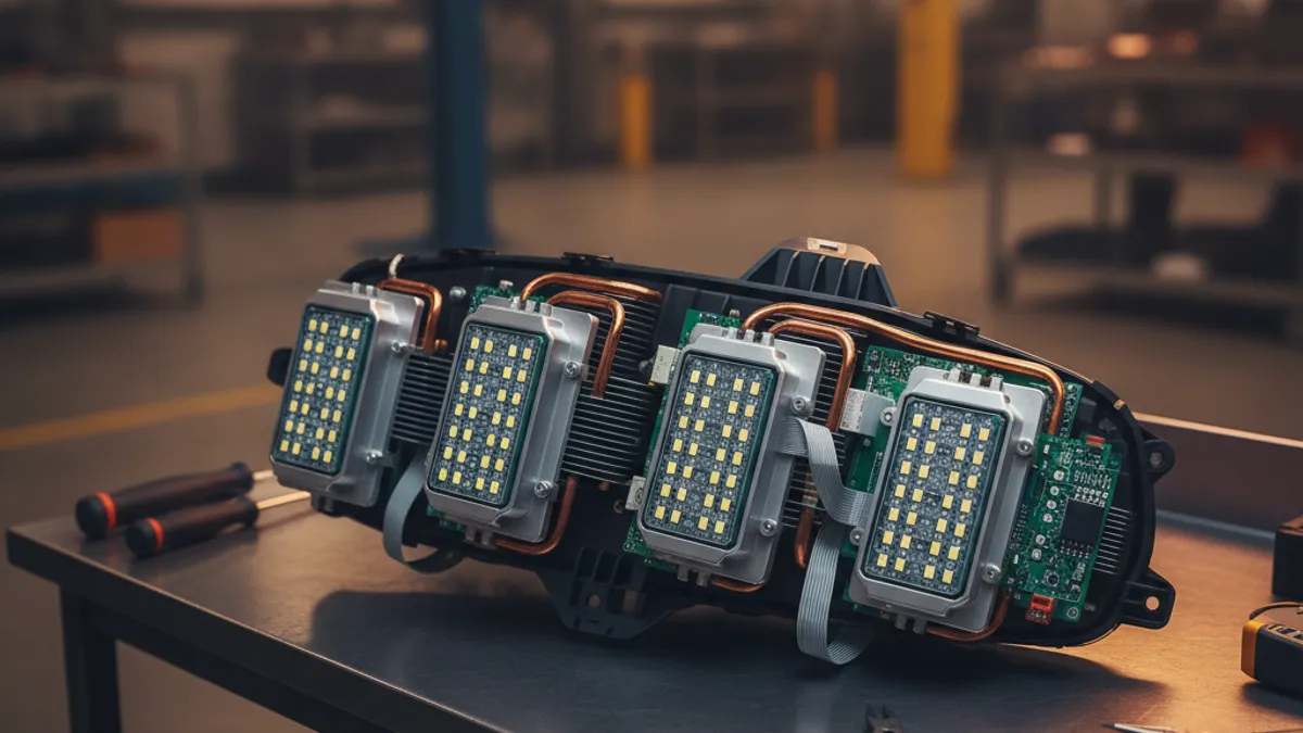LED матричная фара в разобранном виде на рабочем столе в мастерской, видны внутренние LED модули и электроника