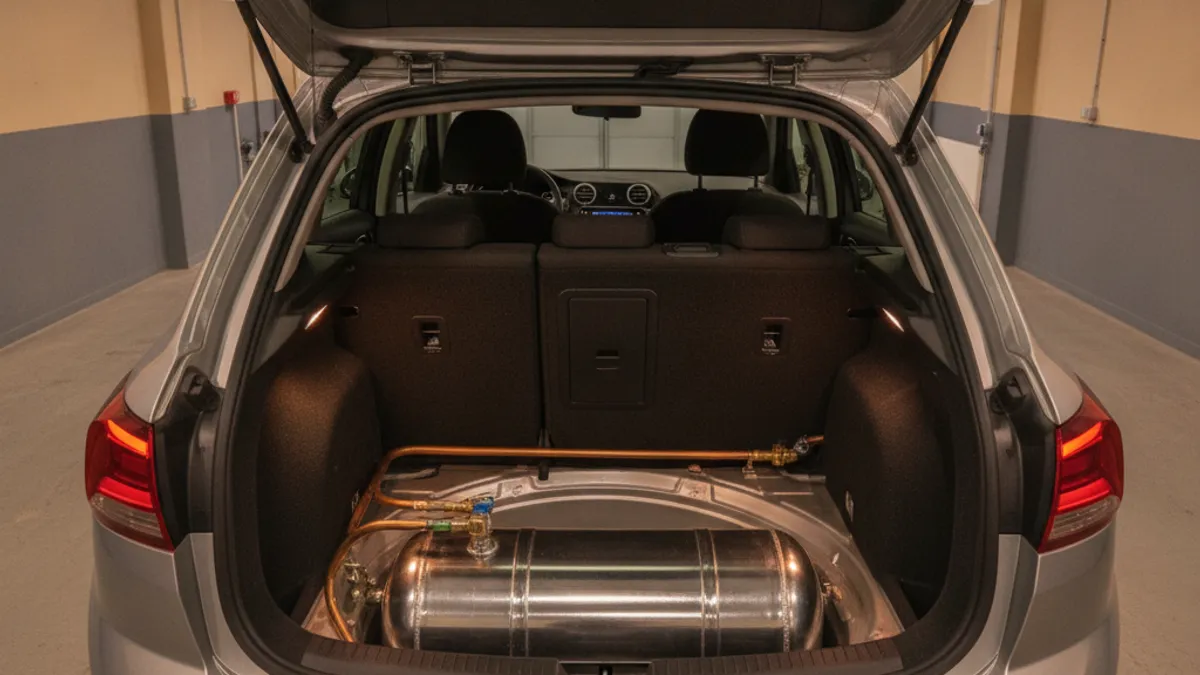 Detalj LPG instalacije na benzinskom motoru u radioničkom okruženju sa toplim osvjetljenjem