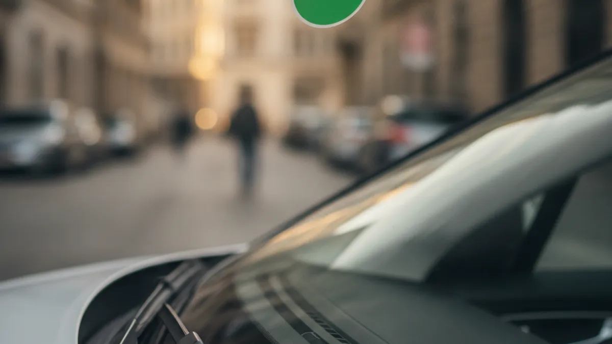 Zelena ekološka naljepnica na vjetrobranskom staklu automobila, pogled iz unutrašnjosti vozila