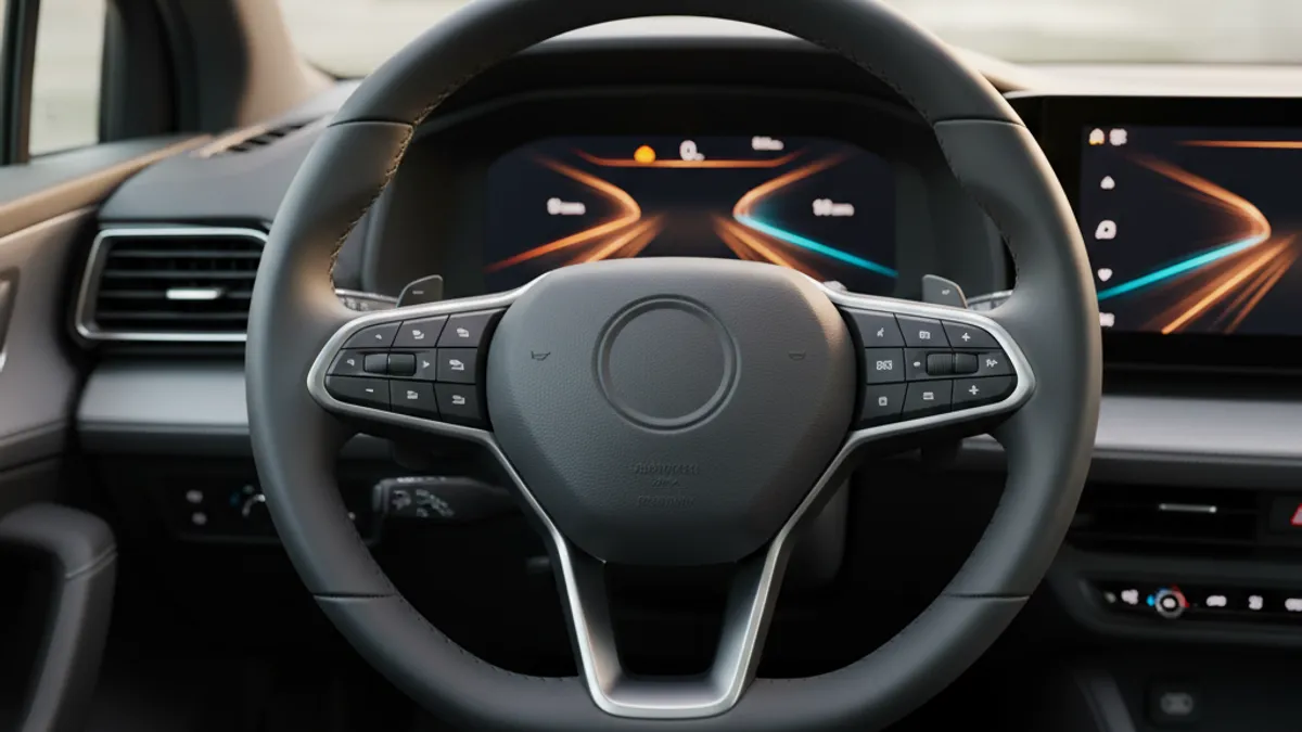 Detalj upravljača i digitalnog instrument klastera modernog automobila sa upaljenim glavnim asistencijskim ikonama