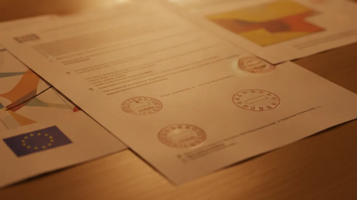 Vehicle roadworthiness documents and certificates on a table, warm lighting