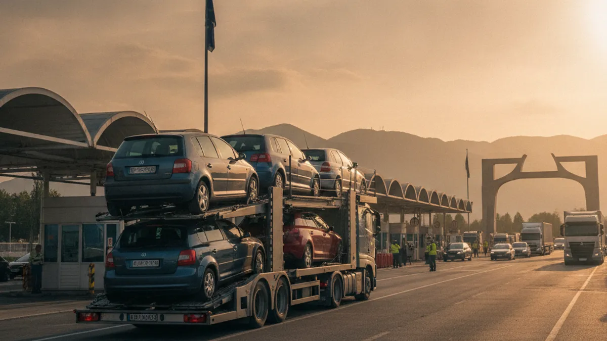Car transporter loaded with used cars at a border crossing, warm afternoon light
