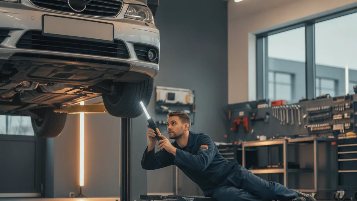 Mechanic in work overalls inspecting the undercarriage of a car on a lift in a clean workshop, warm lighting