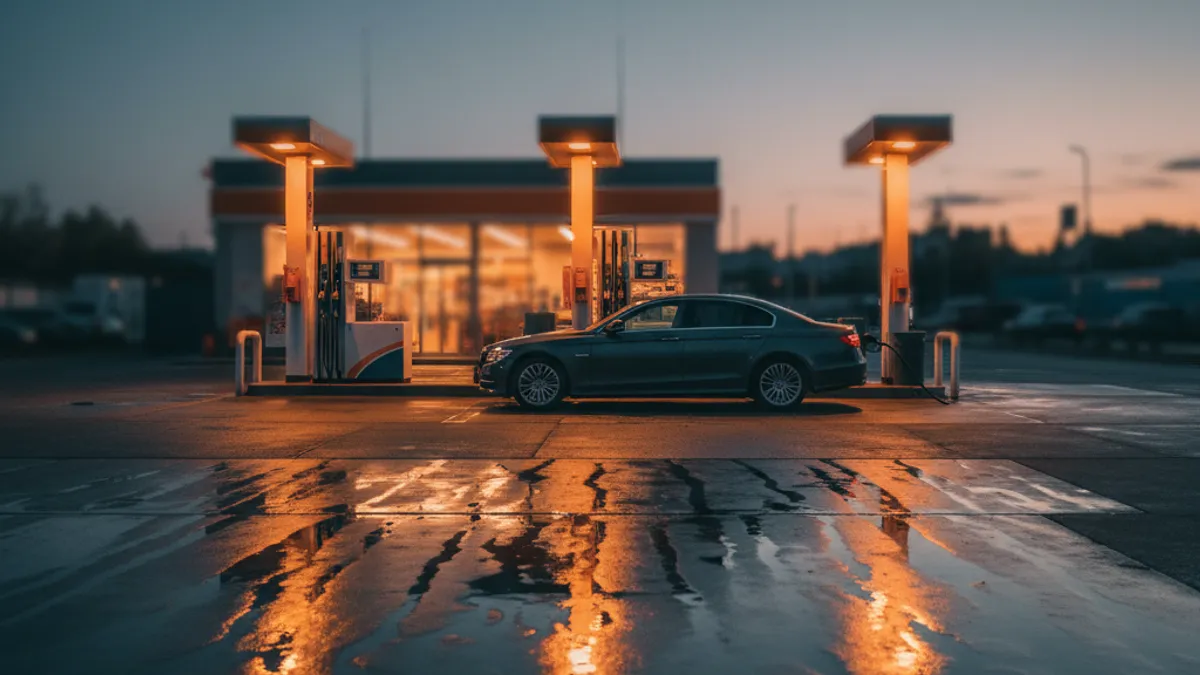 Industrijska benzinska pumpa u sumrak, tri pumpe sa toplim amber svjetlima, dark grey sedan parkiran na najbližoj pumpi.