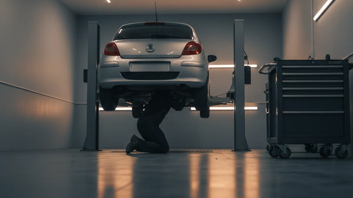 Kompaktni hatchback na dvopostnom liftu u modernoj indoor radionici, mehaničar vidljiv samo od pasa nadolje, topla nadzemna svjetla.