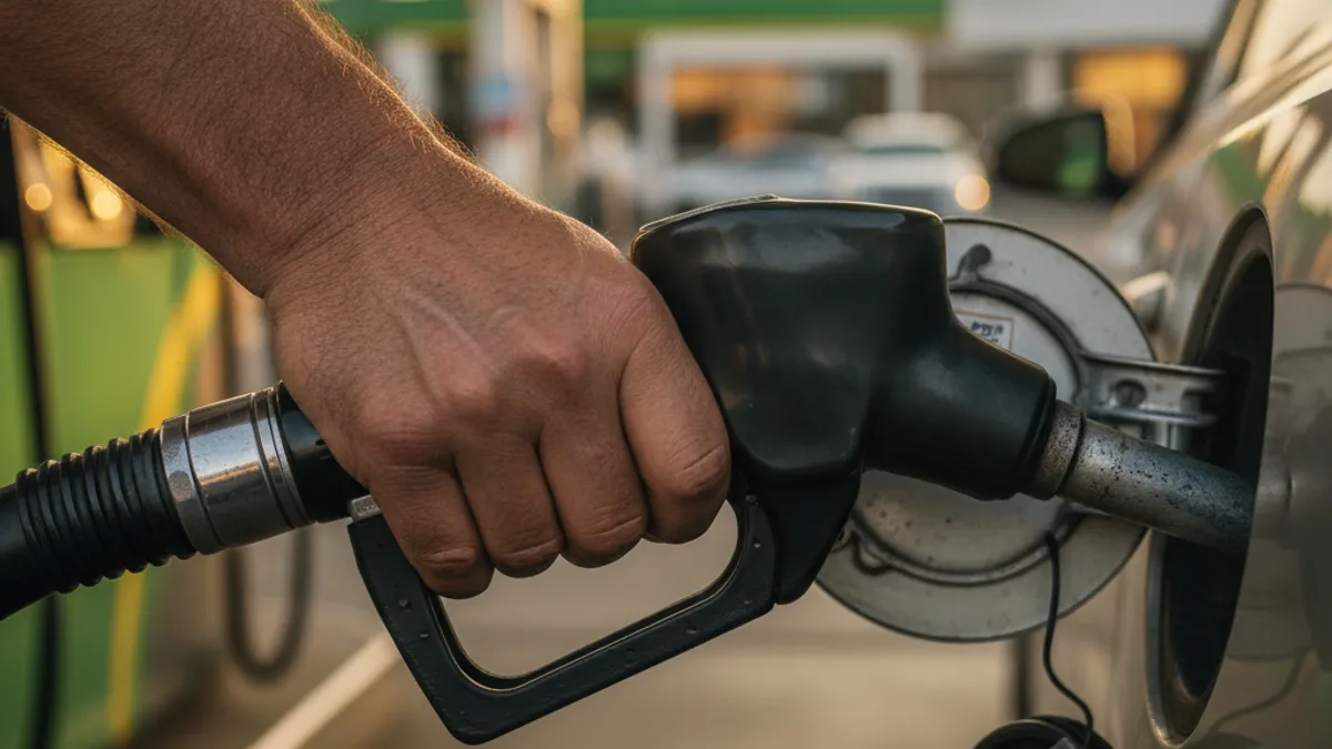 Zlatasta dnevna svjetlost obasjava ruku koja drži metalni pištolj pumpe utaknut u rezervoar polovnog porodičnog auta na pumpi u BiH.