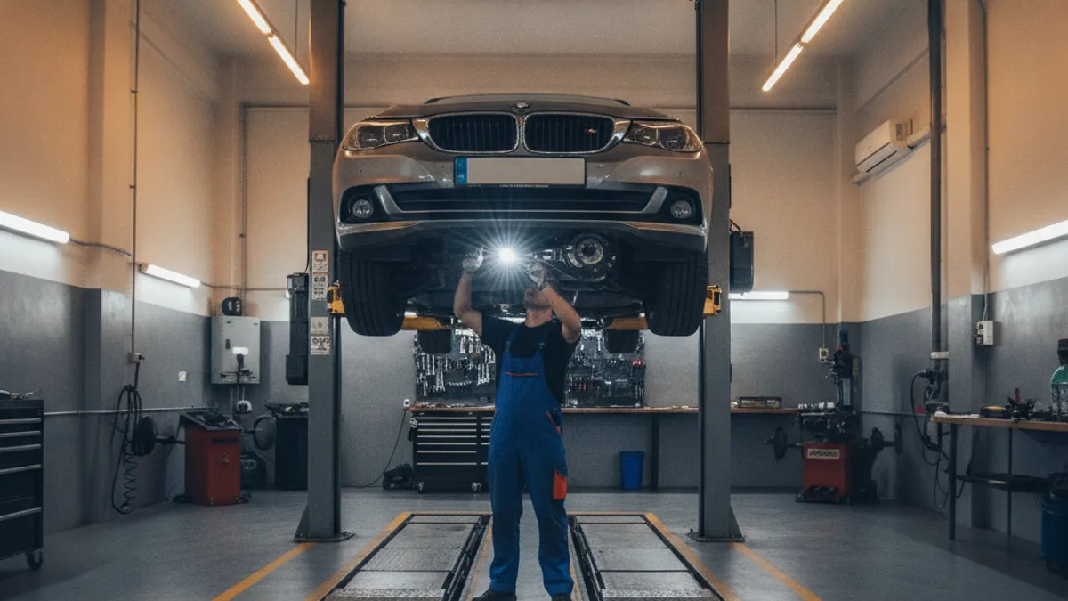 Mehaničar u plavom kombinezonu pregledava podvozje automobila na dizalici u radionici, toplo ambijentalno osvjetljenje