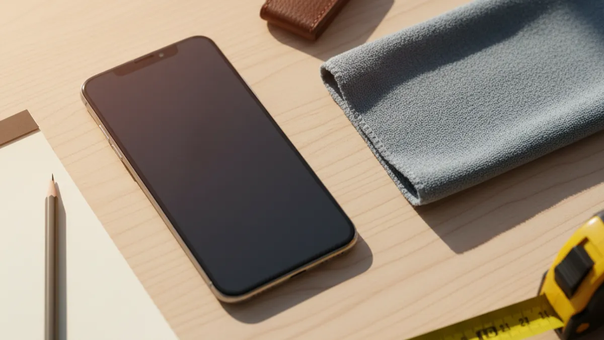 Top-down detail shot of a phone, car keys, notebook, microfibre cloth, and tape measure on a wooden table - assembling the equipment and information needed to write the ad