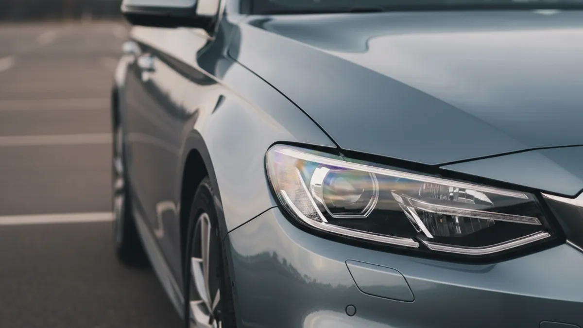 Detailed front three-quarter photograph of a clean used sedan taken from a low camera at headlight height with a neutral background - what a good listing thumbnail looks like