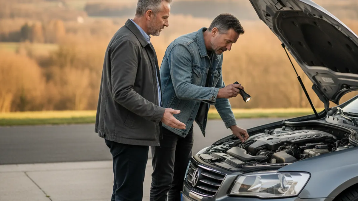 Two men in a driveway next to a used car with the bonnet open, one explaining while the other inspects the engine with a torch - depicting the inspection that follows from the ad