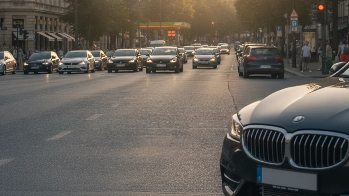Evropski automobili na gradskom raskršću po toplom ljetnom popodnevu, scena svakodnevne vožnje koja troši gorivo