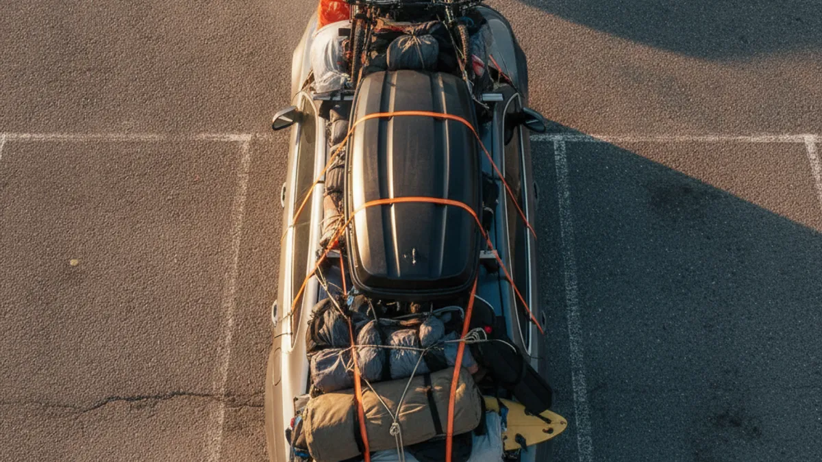 Krovni nosač sa kovčegom za prtljag na krovu parkiranog automobila, ilustracija aerodinamičkog otpora