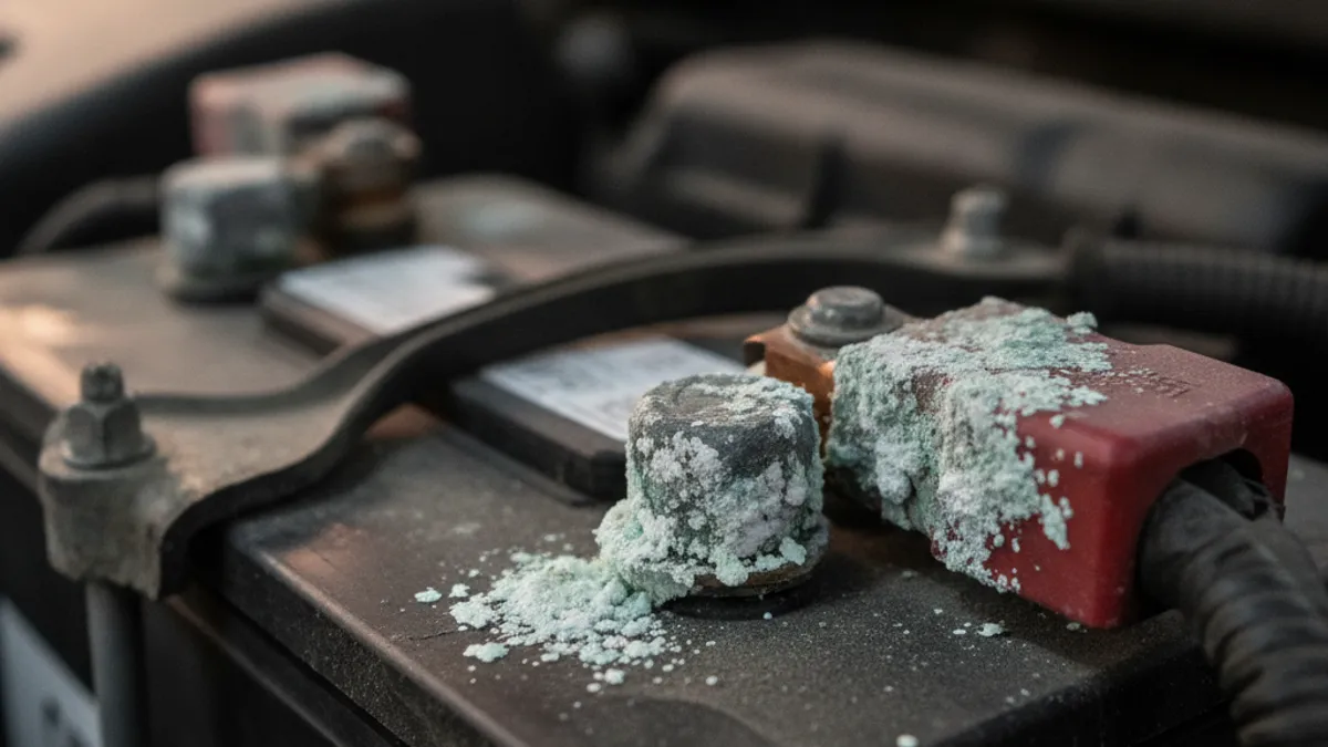 Korodirali polovi auto akumulatora sa zelenkasto-bijelim naslagama oksidacije u motornom prostoru
