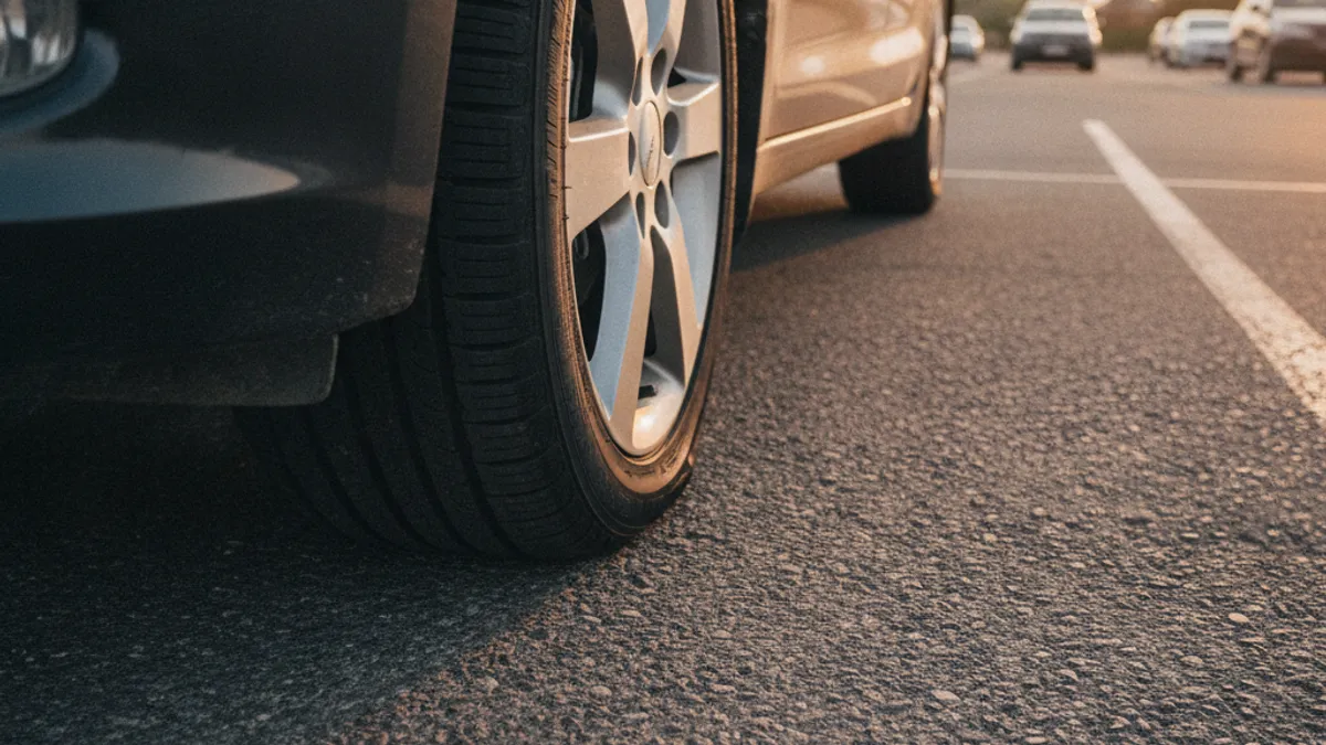 Blago spuštena guma automobila na asfaltnoj podlozi sa vidljivom deformacijom na mjestu kontakta od dugog stajanja