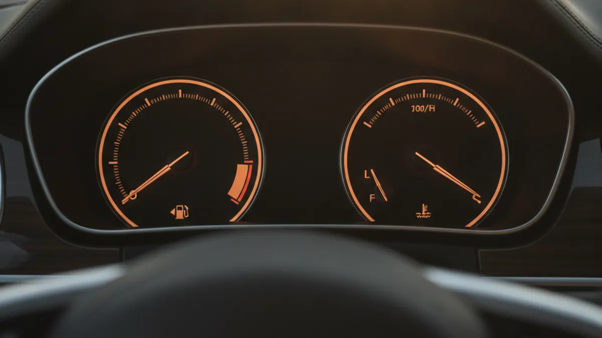 Car instrument cluster showing fuel level and temperature under warm summer light inside the cabin