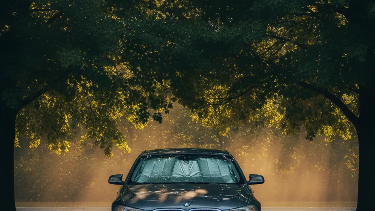 Car parked in deep shade under large trees on a hot summer day with sun in the background