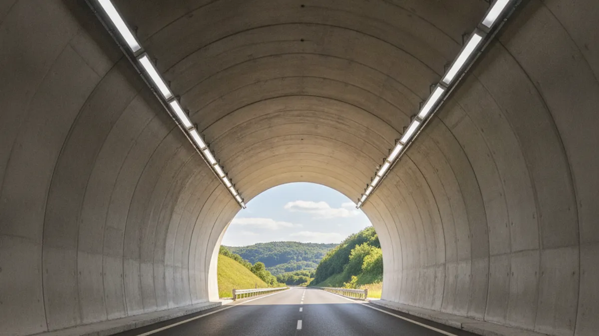 Ulaz u moderni autoputni tunel sa LED osvjetljenjem i svježim asfaltom, ljetno svjetlo vidljivo na izlazu