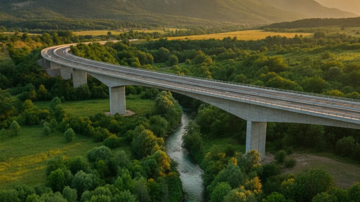 Moderni autoputni most koji prelazi zelenu riječnu dolinu u bosanskim brdima pod toplim ljetnim svjetlom