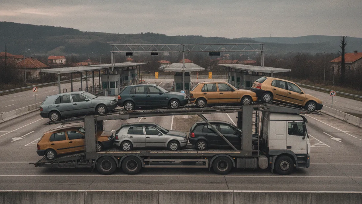 Šleper sa polovnim evropskim automobilima na graničnom prelazu u jugoistočnoj Evropi