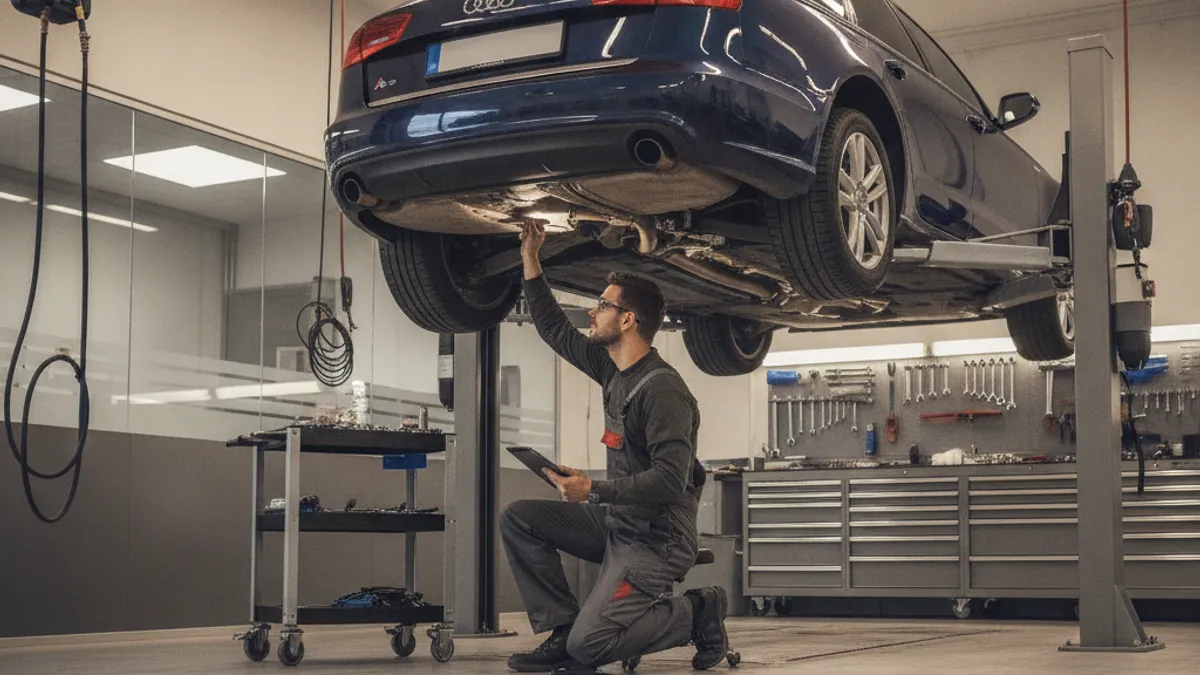 Mehaničar u radionici pregledava donji postroj dizel automobila na dizalici, DPF i izduvni sistem
