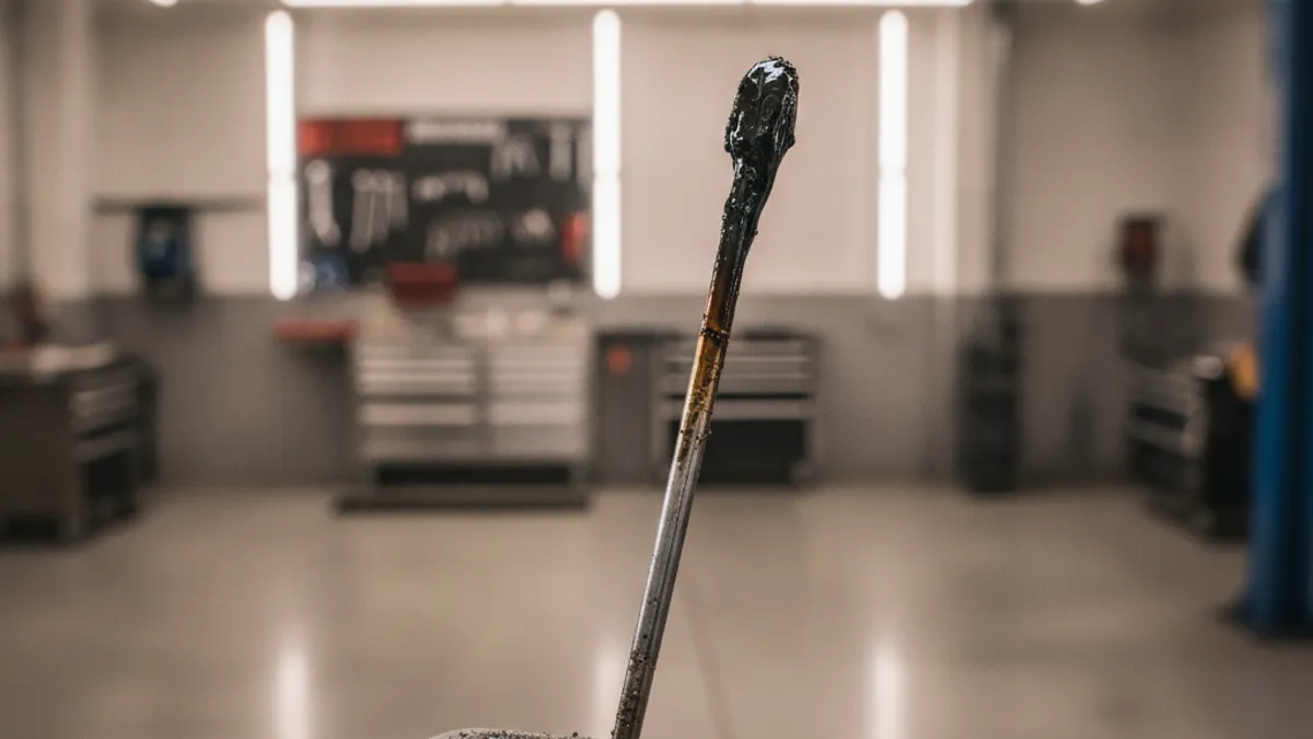 Mechanic's gloved hand holding a dipstick coated in dark, thick motor oil in an enclosed workshop setting