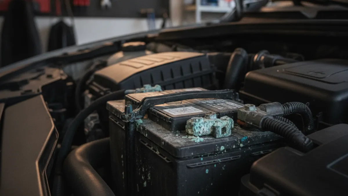 Battery in an engine bay with visible corrosion on the terminals, greenish-white crystalline deposits on the clamp