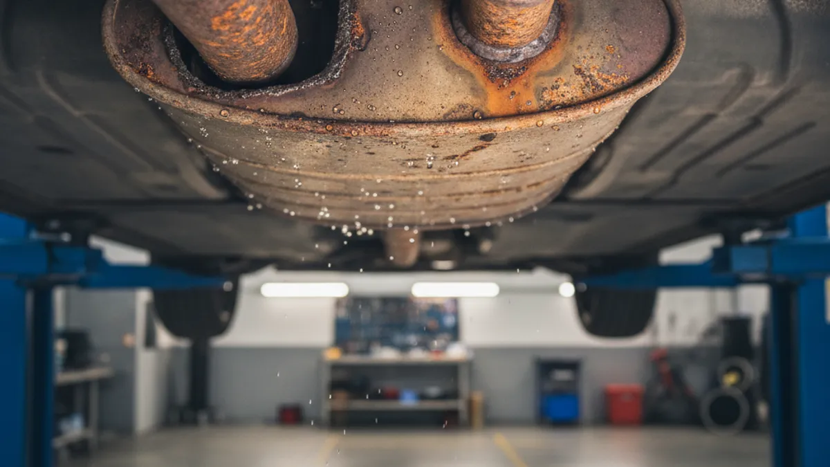 Underside of a car on a workshop lift with visible rust and corrosion on the exhaust system, orange rust patches and moisture droplets