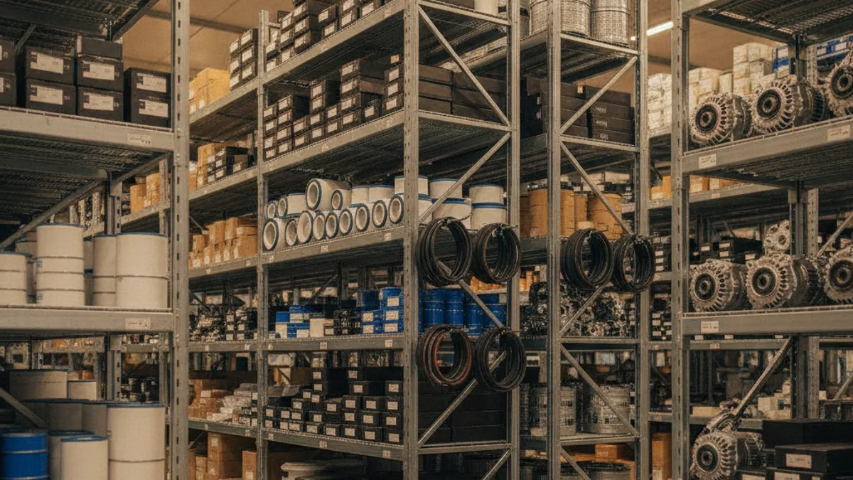 Organised shelves with car parts in a warehouse, filters, brake pads and alternators