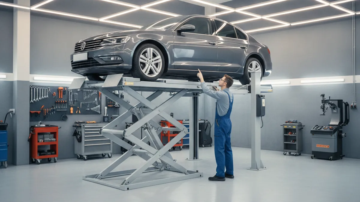 Car on a lift in a workshop while a mechanic inspects the lower control arm