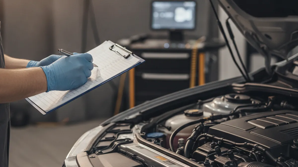 Mechanic writing notes on a worksheet next to a car with its bonnet open in a workshop