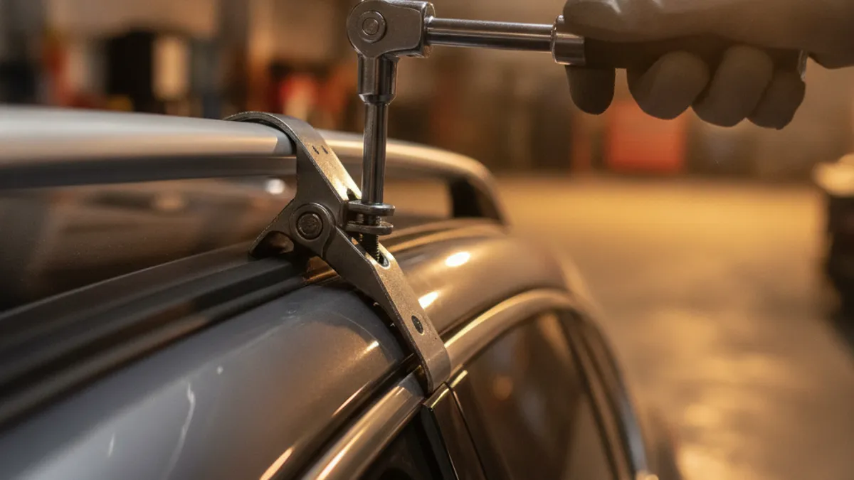 Detalj montažne stezaljke krovnog nosača koja se učvršćuje na fabrički šinski nosač na krovu automobila