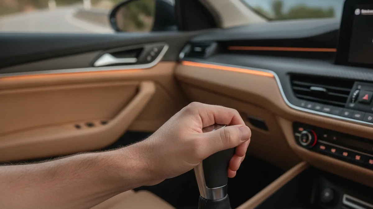 Ruka vozača naslonjena na ručicu ručnog mjenjača tokom vožnje u evropskom automobilu