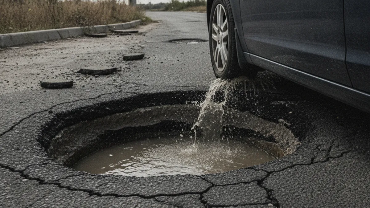 Automobil prelazi preko duboke rupe na oštećenom asfaltu