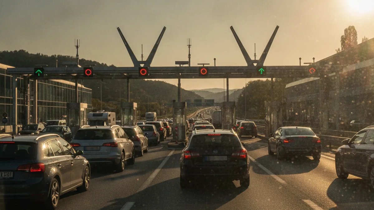 Granični prelaz na evropskom autoputu viđen kroz vjetrobransko staklo, kolona vozila, toplo popodnevno svjetlo