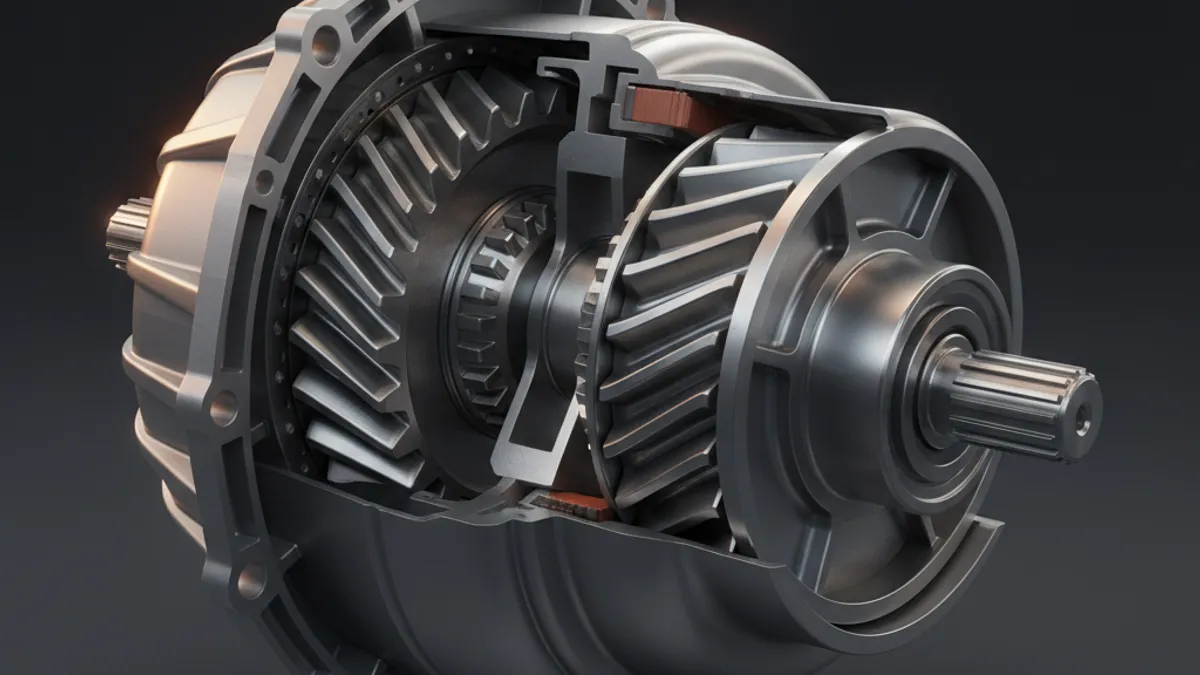 Tehnički presjek torque-converter automatskog mjenjača na tamnoj podlozi, topli akcenti, jantarni rim svjetlo, detalji turbine i statora