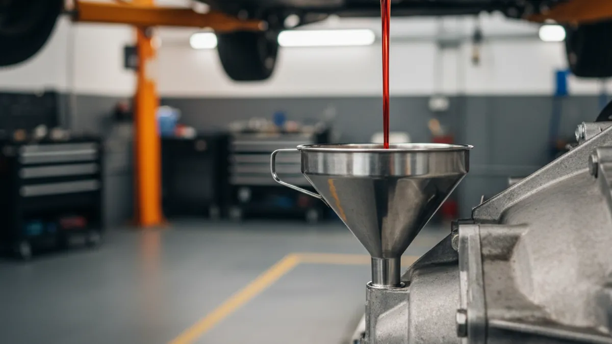 Krupni plan svijetlocrvenog ATF ulja koje teče iz prozirne flaše kroz inox lijevak u otvor automatskog mjenjača, auto na dizalici u radionici, topli akcenti svjetla
